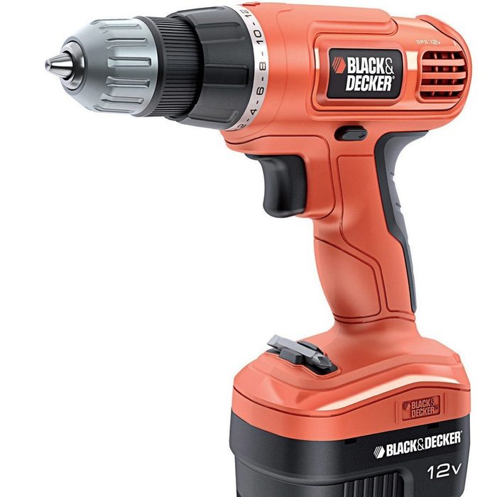 A cordless drill is displayed, featuring an orange body and black accents. It is poised for use in a home or workshop setting.