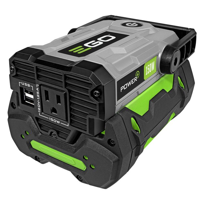 A compact power station provides 150 watts of output, featuring USB and standard outlets, designed for outdoor or emergency use, with a rugged, portable build.