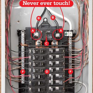 An electrical panel is visible, displaying multiple circuit breakers and wires. A warning, 