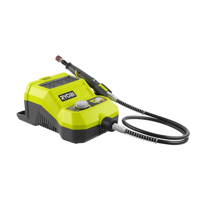 A compact yellow and black device with a handle and hose, designed for cleaning tasks, featuring control knobs and a port for attachments.