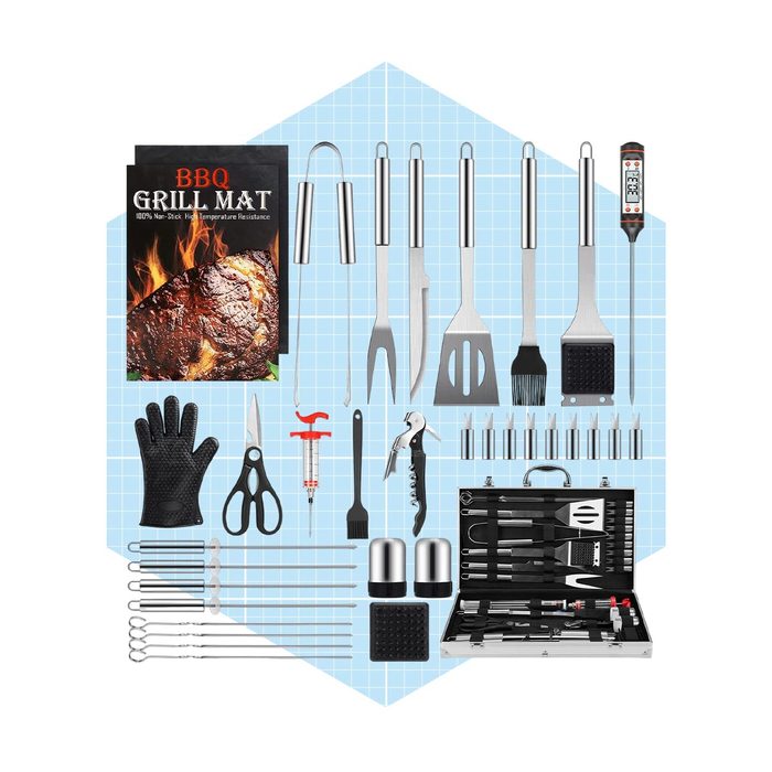 A collection of grilling tools, including utensils, a grill mat, and accessories, is organized on a blue grid background, ready for outdoor cooking.