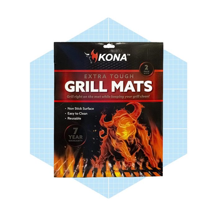 A pack of extra tough grill mats is displayed, emphasizing non-stick, easy-to-clean surfaces, and reusability, with visual elements depicting flames and grilling.