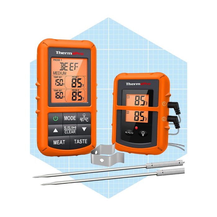 Two orange digital meat thermometers display temperature readings, connected by probes, set against a light blue grid background. They assist in cooking meat accurately.