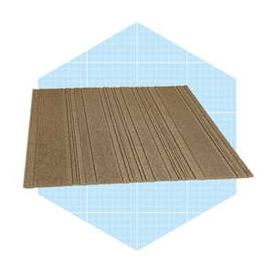 A textured brown rug lies flat, showcasing its striped pattern against a light blue geometric background. It appears ready for use in an indoor space.