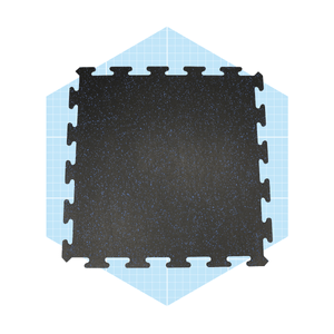 A black interlocking floor tile with blue specks rests on a light blue grid background, illustrating its design and dimensions.