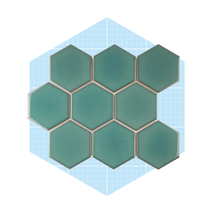 Hexagonal tiles are arranged in a honeycomb pattern on a light blue grid background, showcasing a smooth teal surface and thin grout lines.