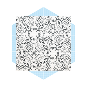 A patterned tile arrangement features intricate, circular designs in black and white, set against a light blue grid background.