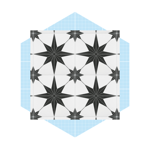 A geometric tile pattern features black star shapes on a white background, displayed on a light blue grid overlay.