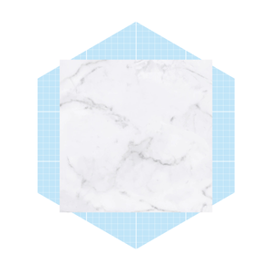 A square white marble tile is centered on a light blue grid-patterned background, showcasing its smooth surface and subtle gray veining.