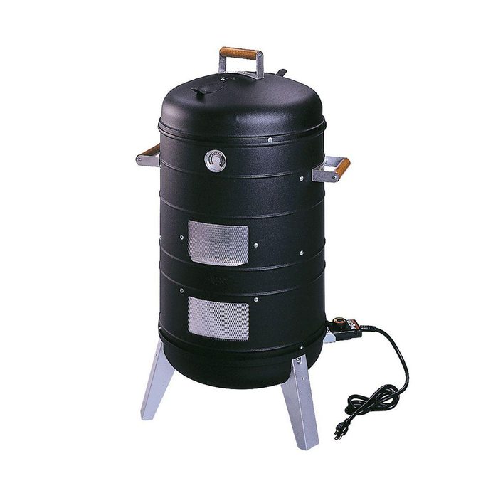 A vertical electric smoker stands on three metal legs. It features a rounded black body, wooden handles, and a temperature gauge on top, ready for cooking.