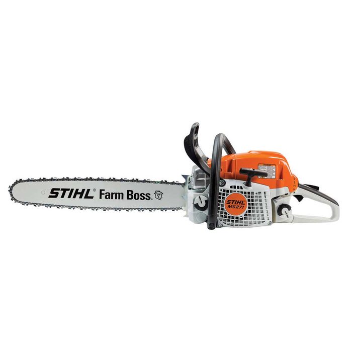 A chainsaw with an orange engine and a long blade labeled 