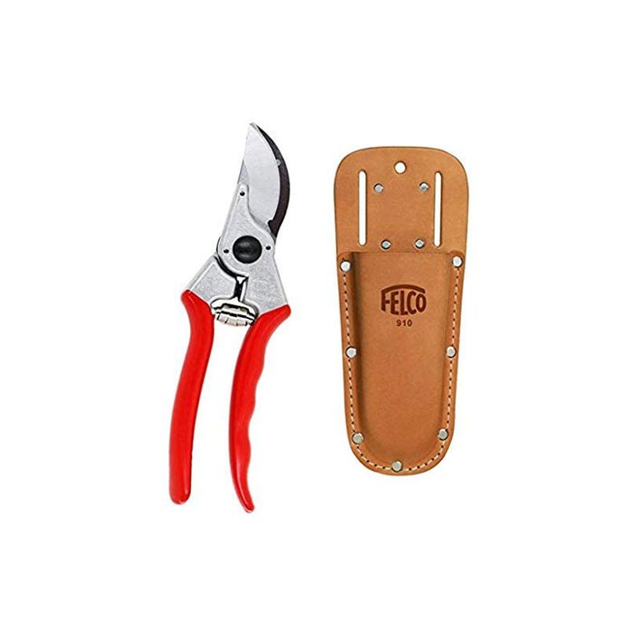 A pair of red-handled pruning shears rests beside a brown leather sheath, designed for protective storage, showcasing the brand 