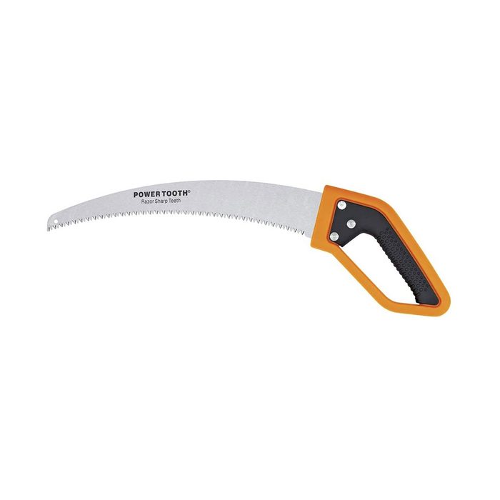 A curved saw with a sharp, serrated blade is positioned upright, featuring an orange and black ergonomic handle, intended for cutting branches or wood.