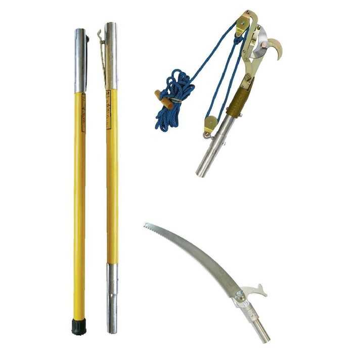 Two yellow poles and a rope tool with a metal pruner and curved saw are arranged. They are tools used for tree trimming or cutting.