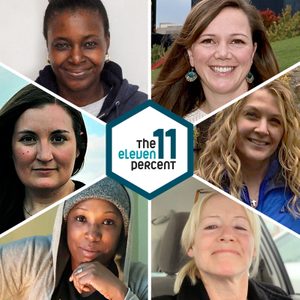 Six portraits of women smiling, positioned in a hexagonal layout, with the text “The eleven percent” prominently displayed in the center.