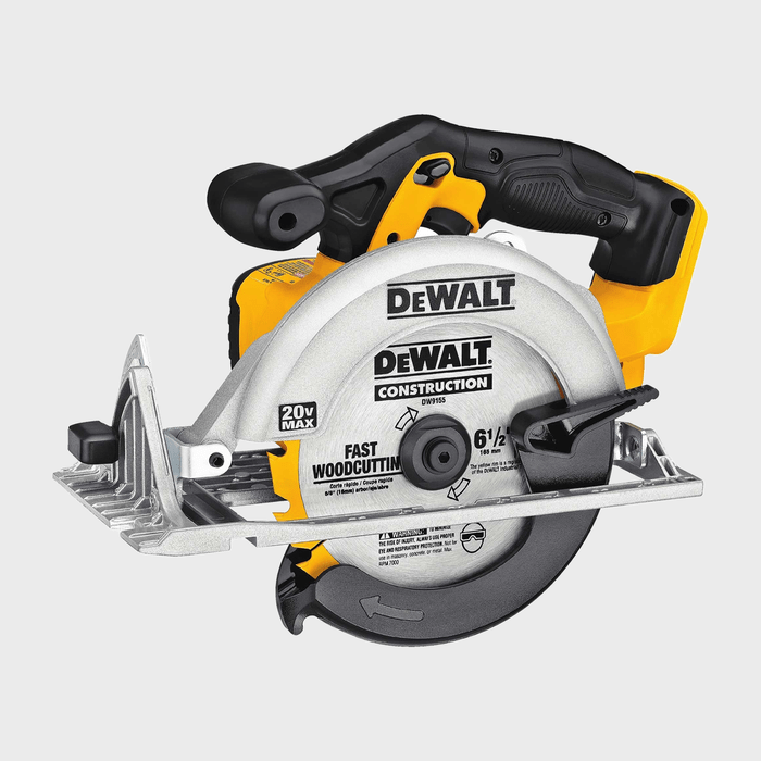 A circular saw rests on a flat surface, designed for fast wood cutting, featuring a yellow and black handle and a metallic blade.