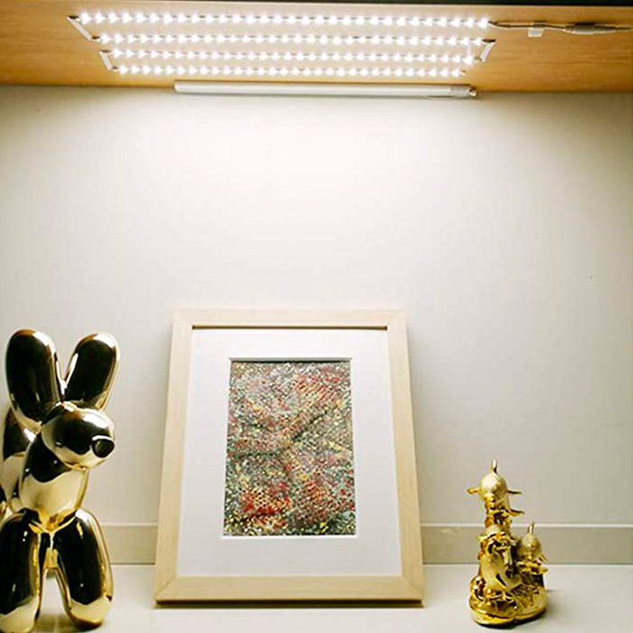 A framed artwork rests on a shelf, illuminated by overhead LED lights. A shiny golden sculpture and another decorative piece sit nearby.