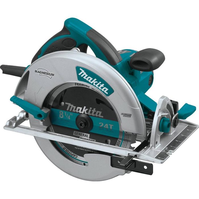 A circular saw features a sharp blade for cutting wood, set against a background of workshop tools, ideal for construction and home improvement tasks.