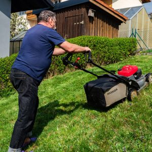 A man pushes a Honda lawnmower across a grassy yard, trimming the grass near a hedge and a wooden structure under clear skies.