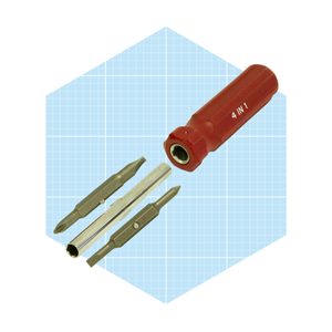 A red multi-bit screwdriver rests beside three interchangeable steel bits on a light blue grid background. The tool is designed for various screw types.