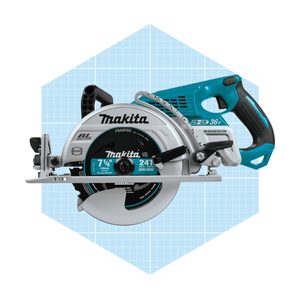 A circular saw is displayed, designed for cutting wood. It features a blue and silver color scheme, set against a light grid background.