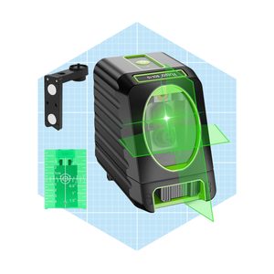 A laser level projects green lines horizontally and vertically, assisting in precise alignment. It is shown alongside a mounting bracket and a measurement scale on a grid background.